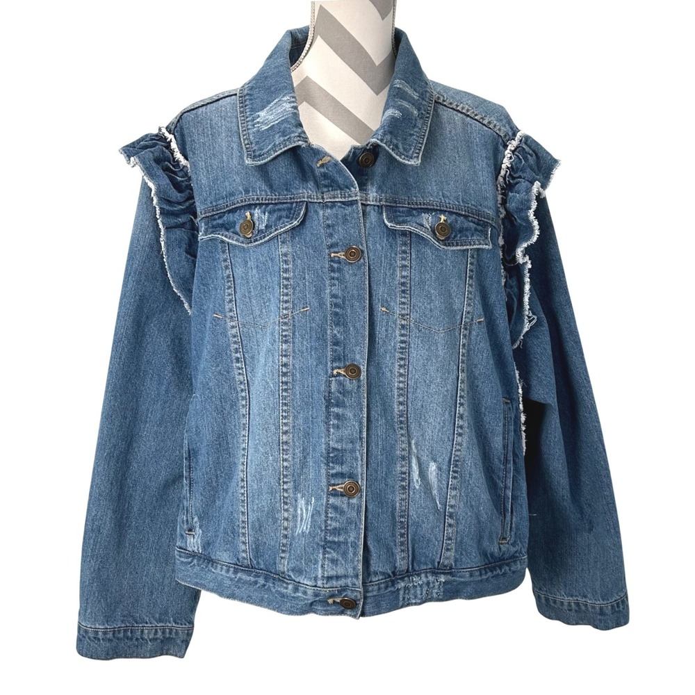 Bagatelle Women Denim Jacket Ruffle Sleeve Distressed Blue Size 2X